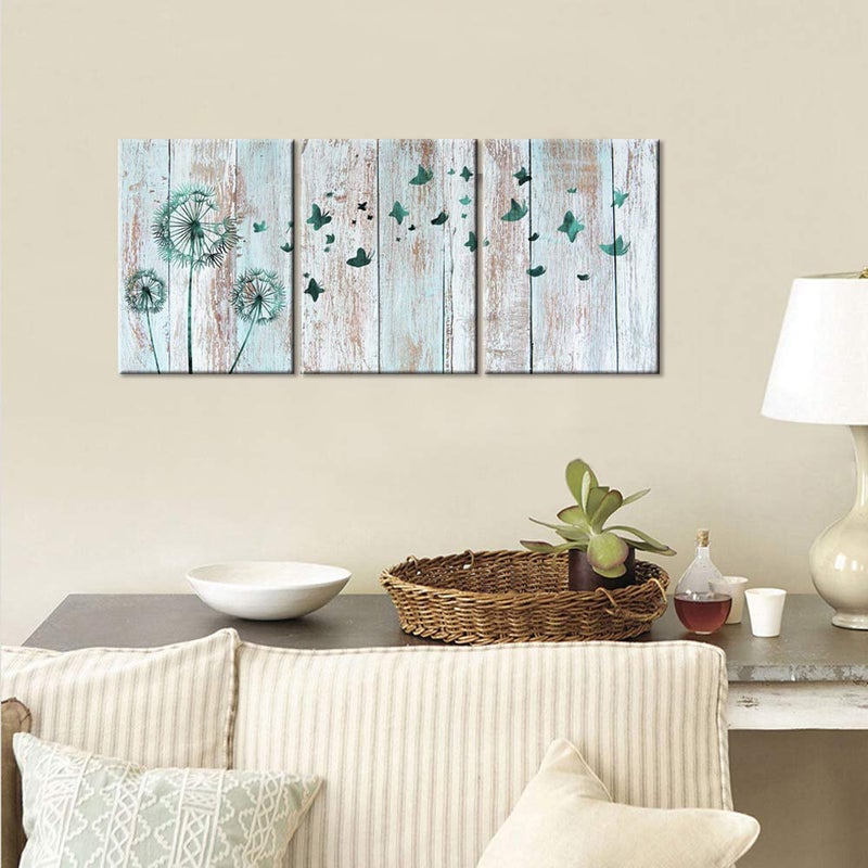 Visual Art Decor Rustic Teal Dandelion Butterflies Canvas Wall Art Prints Rustic Teal Home Bedroom Office Wall Decoration Framed Ready to Hang 12inx16inx3Pieces - Image 2